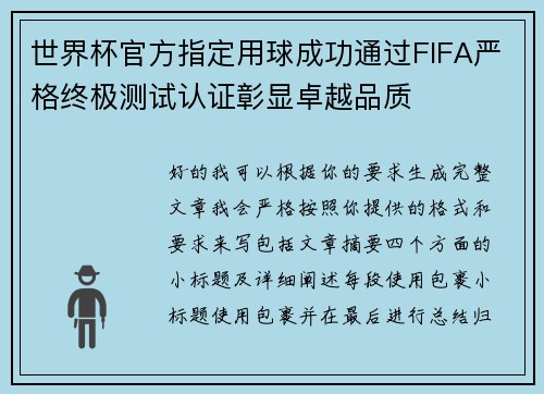 世界杯官方指定用球成功通过FIFA严格终极测试认证彰显卓越品质